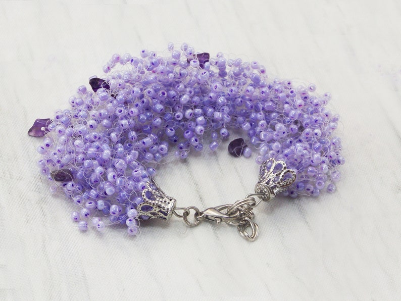 Light purple gem Amethyst jewelry Gift for teacher Multistrand bracelet Mermaid party Amethyst bracelet Elastic beaded cuff stretch gemstone image 5