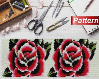 Red roses pattern Blooming bud red flower patterns Beginner easy bead weaving odd peyote stitch leaf nature Spring Beading patterns jewelry