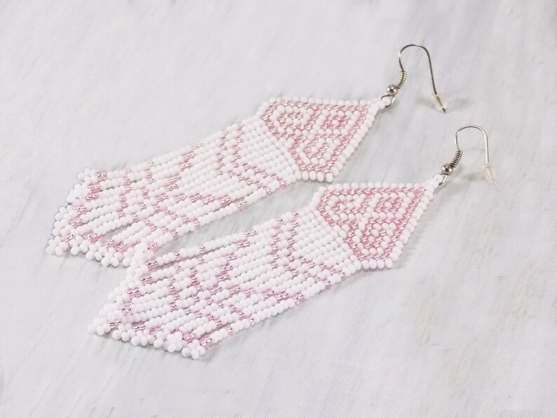 White bead earrings with pink patterned tassel Bohemian style Women best gifts Choose your hooks image 4