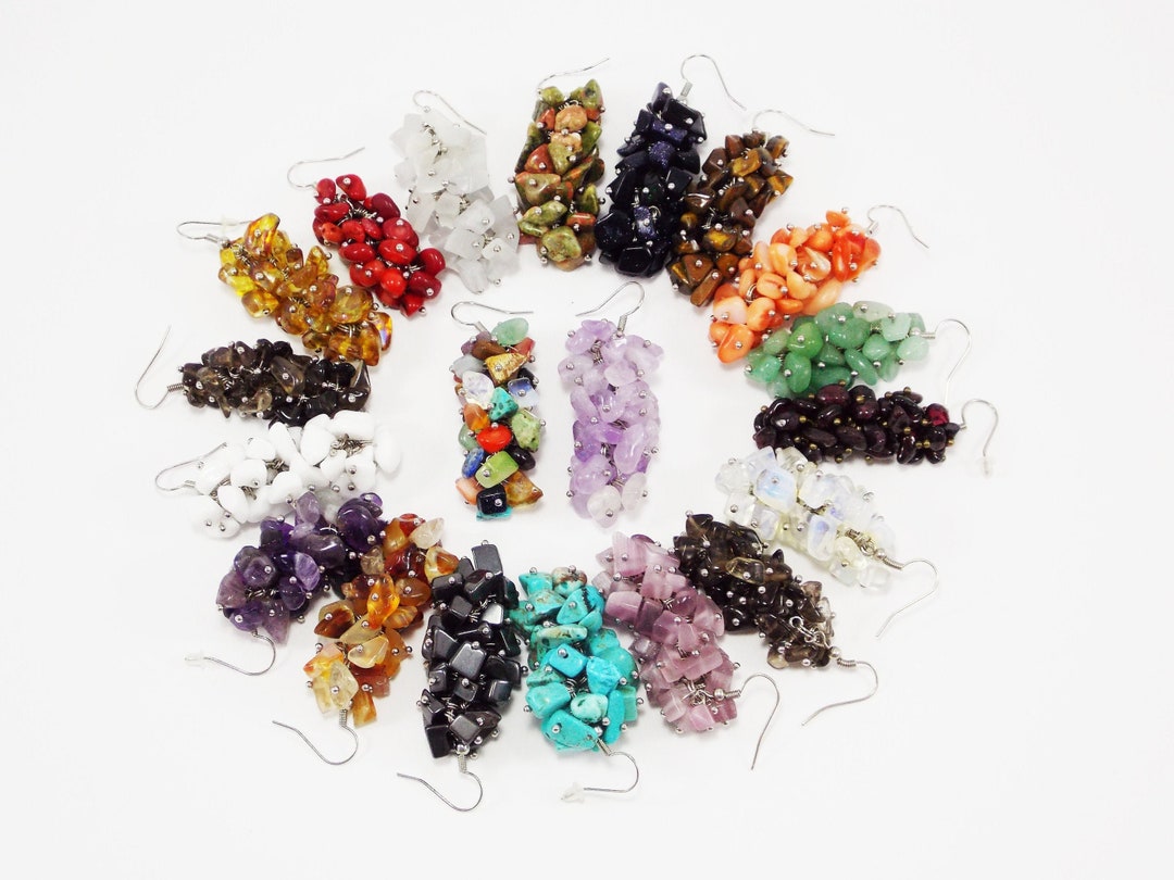 Boucles D'oreilles Grappe De Raisin En Pierres Naturelles - Fait Main En Inde, Plaqué Argent Sur Cuivre - Taille 5.1-7.6cm