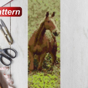 May include: A brown horse with a white mane and tail stands in a field of green grass. The horse is looking to the right of the image. The background is a blurred image of trees.