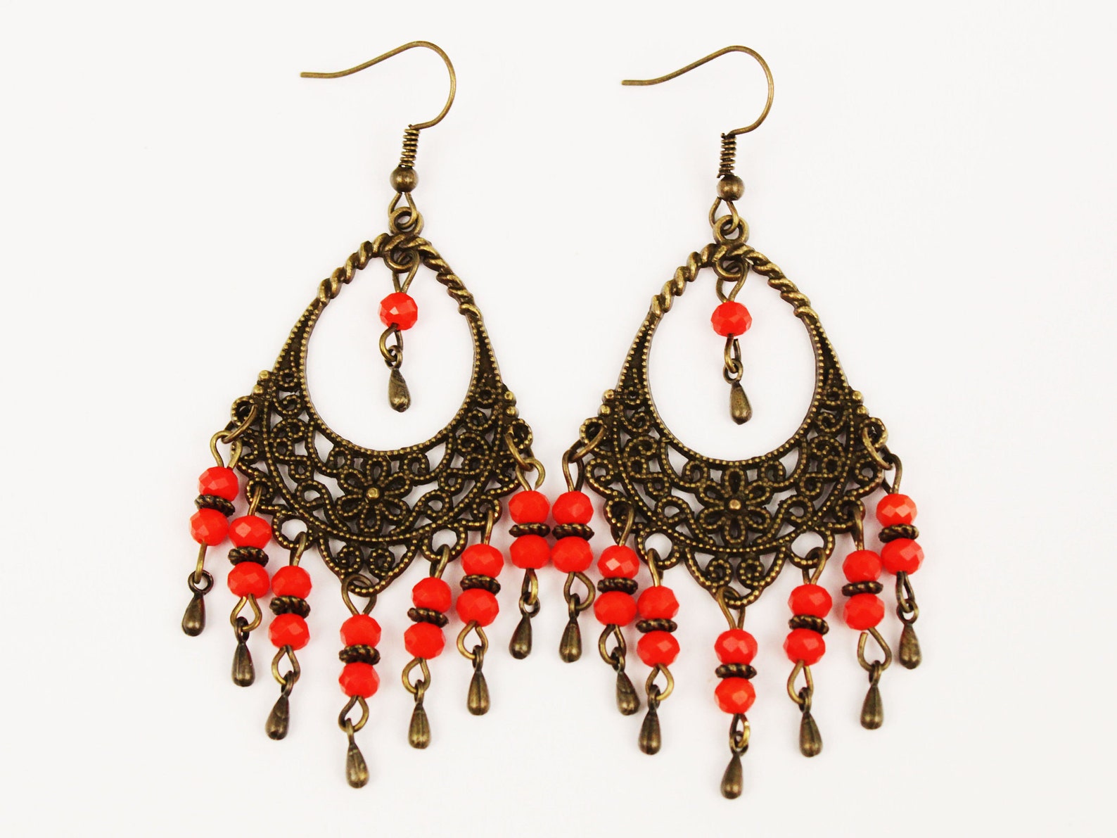Chandelier Earrings Red Jewelry Red Orange Earrings Bronze Etsy