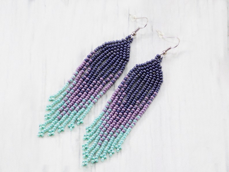 Gift for women beaded jewelry fringe earrings ombre jewelry statement earrings purple earrings beaded earrings Long earrings boho jewelry 1 purple green