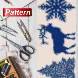 May include: A vertical pattern with three blue designs on a white background. The designs are a snowflake, a reindeer, and a Christmas tree.
