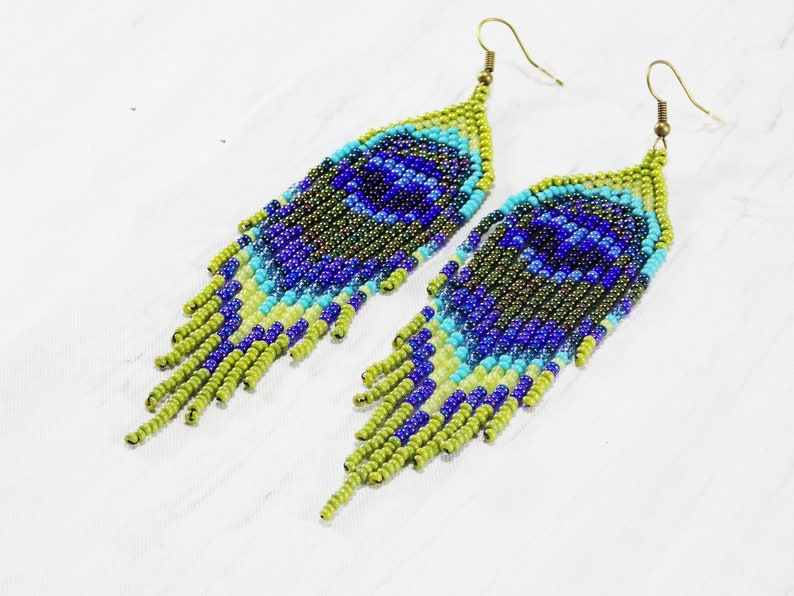 Peacock earrings peacock feather earrings bird earrings long hippie earrings exotic earrings iridescent earrings animal totem eye earrings image 8