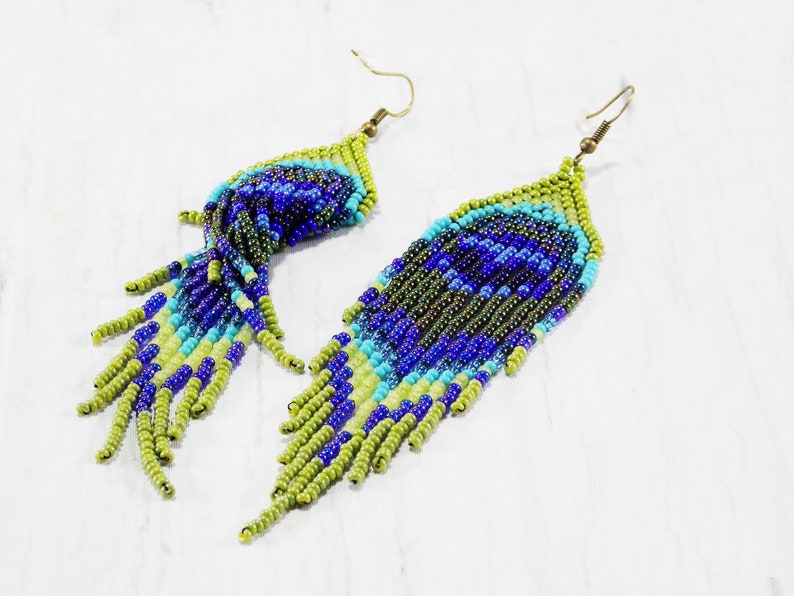 Peacock earrings peacock feather earrings bird earrings long hippie earrings exotic earrings iridescent earrings animal totem eye earrings image 6