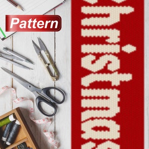 May include: A red and white beaded pattern for a Christmas craft project. The pattern is for the word "Christmas" in white beads on a red background.