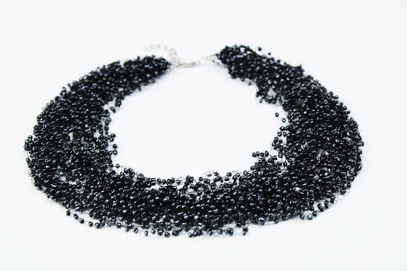 Black fluffy choker Evening wear Sexy black beaded choker Wiccan witch jewelry Timeless Classic shiny black necklace Illusion Elegant gift image 5