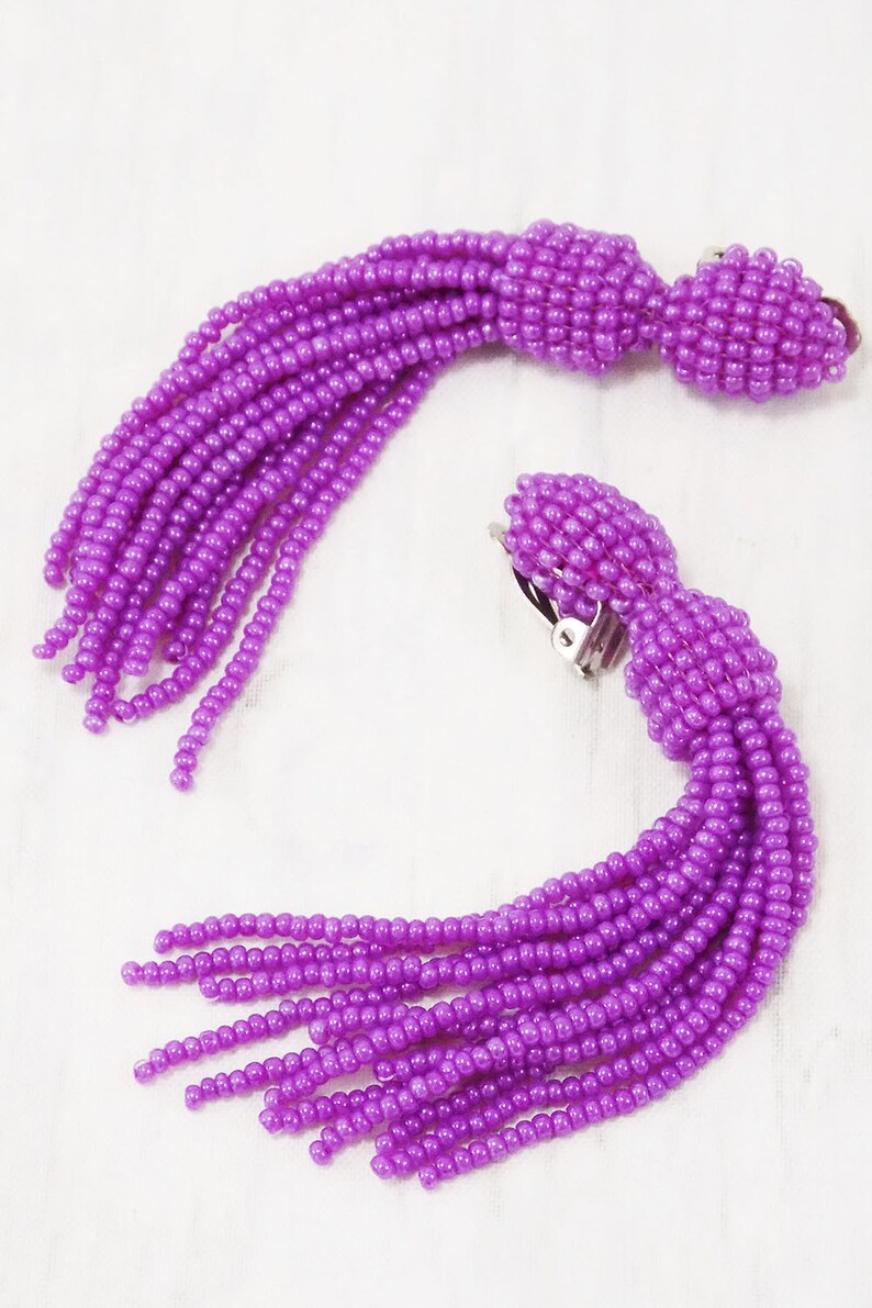 Pink tassel long magenta clip on for prom or evening Hot dark pink earrings Fuchsia bright statement Non Pierced dangle comfortable 5 inch image 9