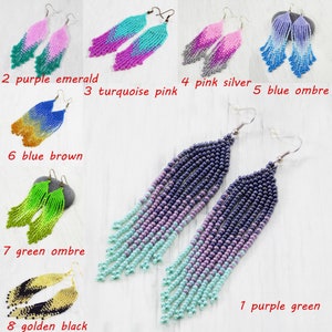 Gift for women beaded jewelry fringe earrings ombre jewelry statement earrings purple earrings beaded earrings Long earrings boho jewelry image 4