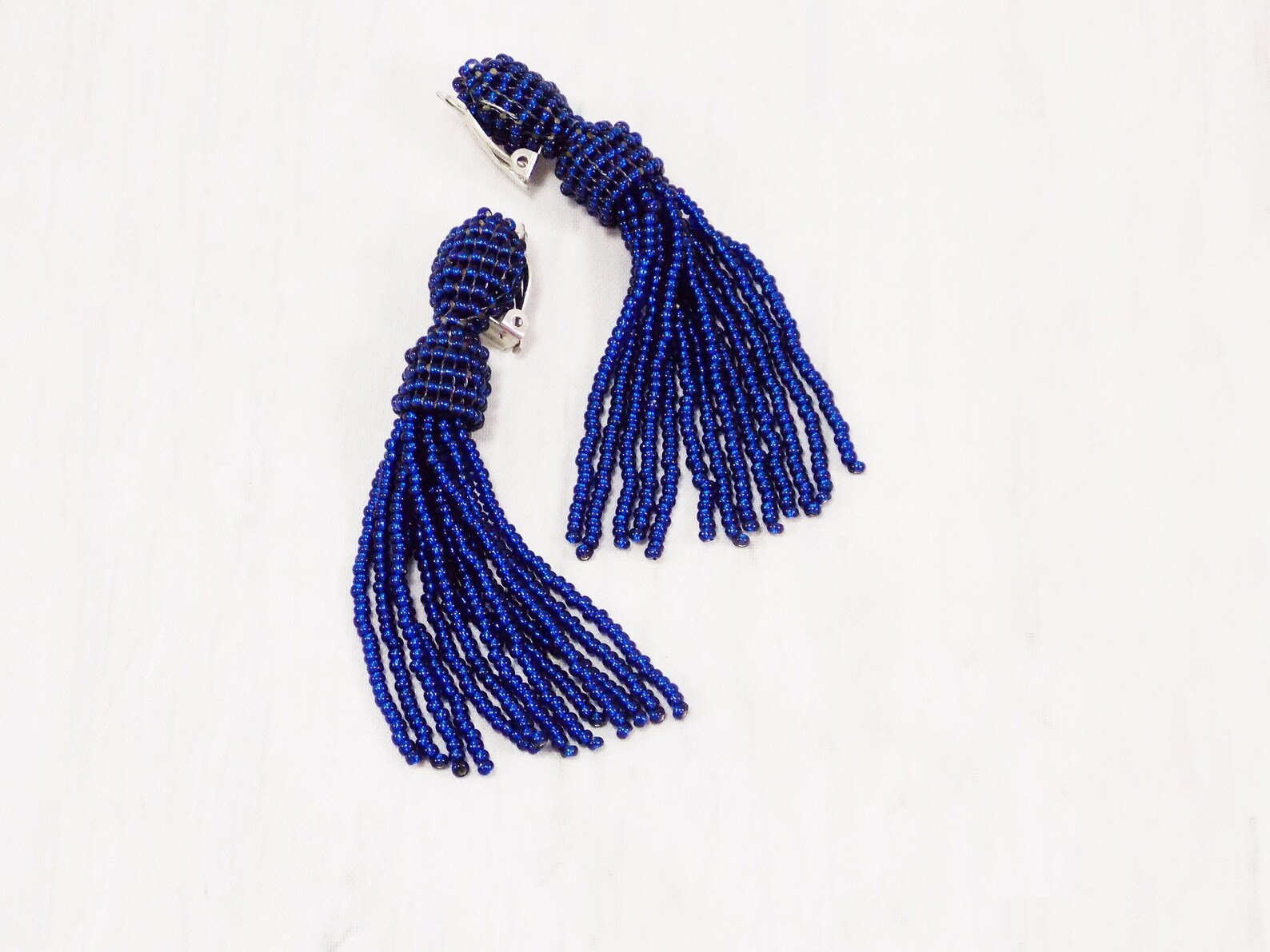 Royal Blue Clip on Earrings Women Cobalt Tassel Earrings Large Etsy