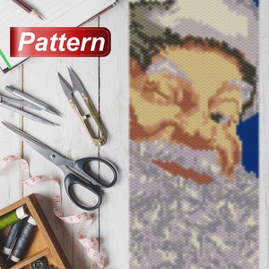 May include: A beaded pattern of Santa Claus's face with a white beard and a blue background. The pattern is made with small beads and is suitable for a craft project.