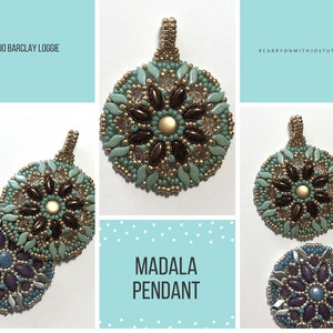 May include: Three beaded mandala pendants, one in teal, brown, and gold, one in purple, silver, and blue, and one in teal, brown, and gold. The pendants are round and have a flower-like design. The text "MADALA PENDANT" is visible in the image.
