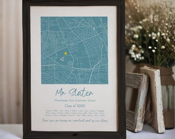 Personalised best teacher appreciation end of year digital map print gift, custom end of year 2026 thank you present teaching assistant gift