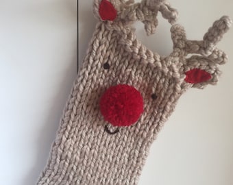 Hand Knitted Reindeer Christmas Stocking