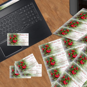 May include: A stack of business cards with a red berry and green leaf design. The text on the cards reads "Your Company Name", "Your Name", "Your Email", "Your Phone Number", and "www.YourWebsite.com".