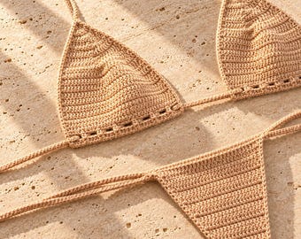 Caramel Bikini Set, Triangle Top, Minimal Bottom, Beachwear