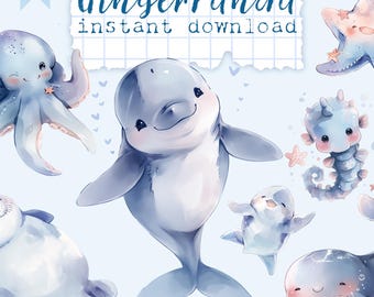 Cute Kawaii Printable Digital Stickers, Cute Baby Ocean Animals Clipart – PNG Bundle, Underwater Creature's Nursery Decor, Instant Download