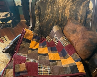 Flannel patchwork quilted throw with fleece back.