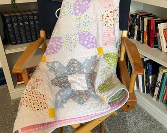 Floral Cotton Quilt: Multi-Color Stripe Back, Crib Toddler Throw (45" x 59")