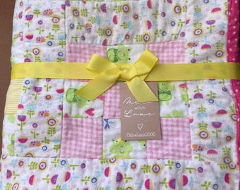 Frogs, Flowers, and Polka Dots! Kid's quilted blanket.