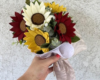 Felt Sunflower Bouquet: Maroon, Yellow & White - Gift Wrapped