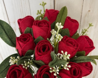 Handmade Red Felt Rosebud Bouquet: Forever Flower Arrangement