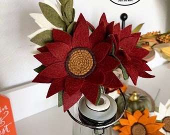 Burgundy Felt Sunflower: Handmade Dark Red Floral Stem, Fall Decor