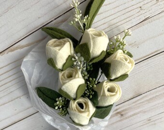Handmade White Felt Rosebud Bouquet: Forever Wedding Flowers