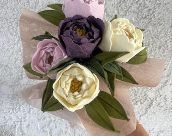 Felt Peony Bridal Bouquet: Pink, Ecru, and Purple Wedding Florals