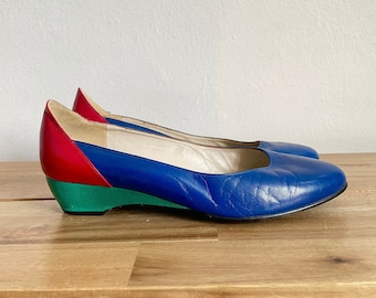 Vintage 80s Colourful Leather Pumps / 80s Leather Russell and Bromley Wedge Heels / UK 5