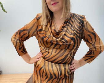 Vintage 70s Tiger Print Dress with a Cowl Neck