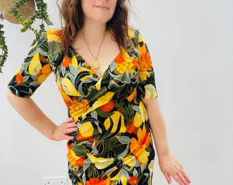 Vintage Tropical Wiggle Dress / Floral pencil dress with wrap over front / small