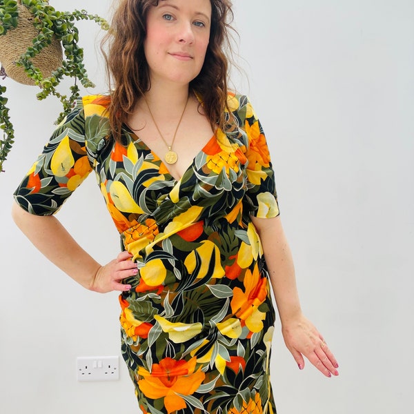 Vintage Tropical Wiggle Dress / Floral pencil dress with wrap over front / small