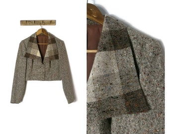 Vintage 50s Blazer Mid Century Olive Green Velvet Gray Colored Speckled Wool Tweed Cropped Jacket