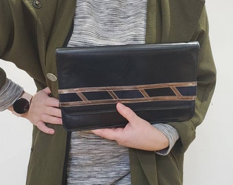 Vintage Navy and Metallic 80s clutch bag