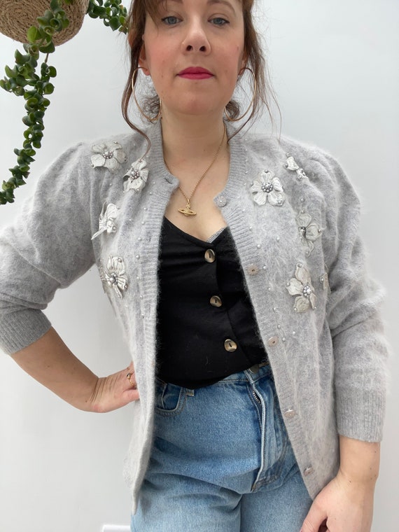 Vintage Grey Angora Cardigan / Soft 