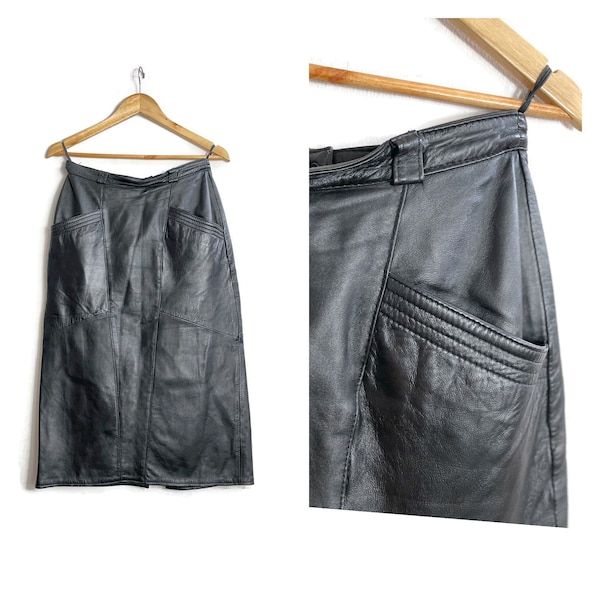 Vintage 80s Black Leather Skirt / UK 10