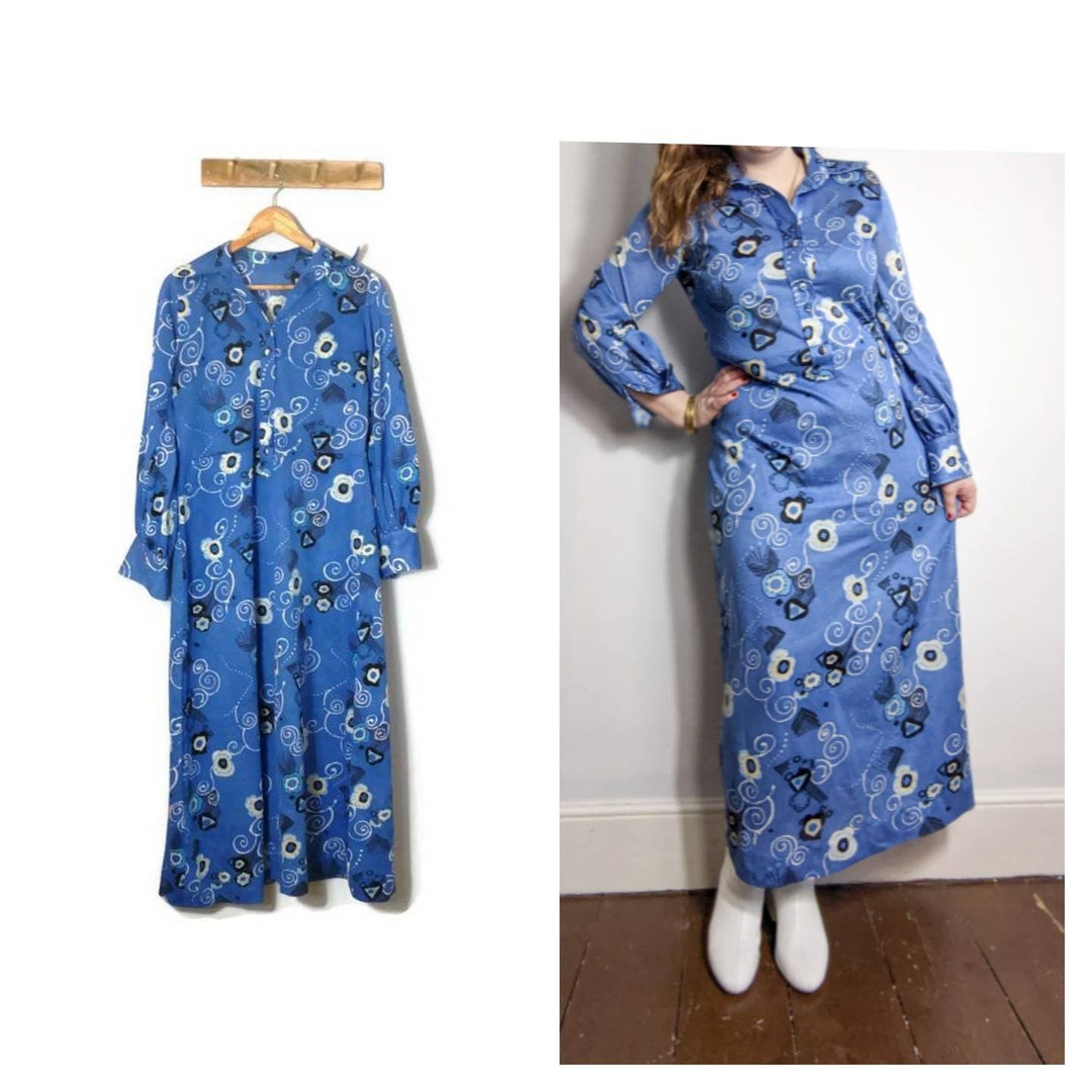 Blue 70s Maxi Dress With Long Sleeves / Large - Etsy UK