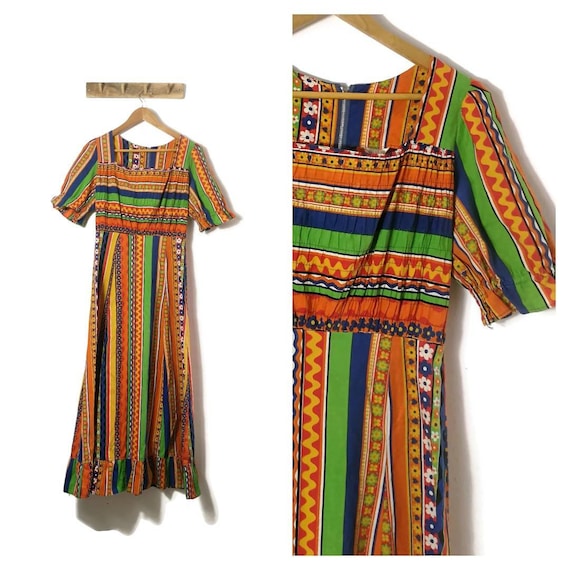 60s Cotton Folk Dress / UK 10