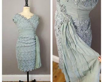 Vintage 50s Wiggle Dress, Pale Blue Lace Dress