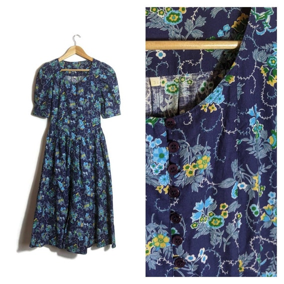 Vintage 70s Blue Floral Cotton Dress. Cottagecore