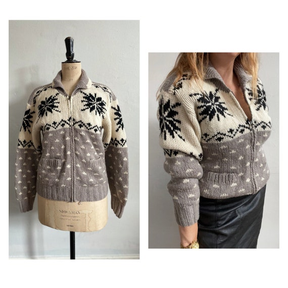 Vintage grey hand knitted snowflake jumper zipper… - image 2