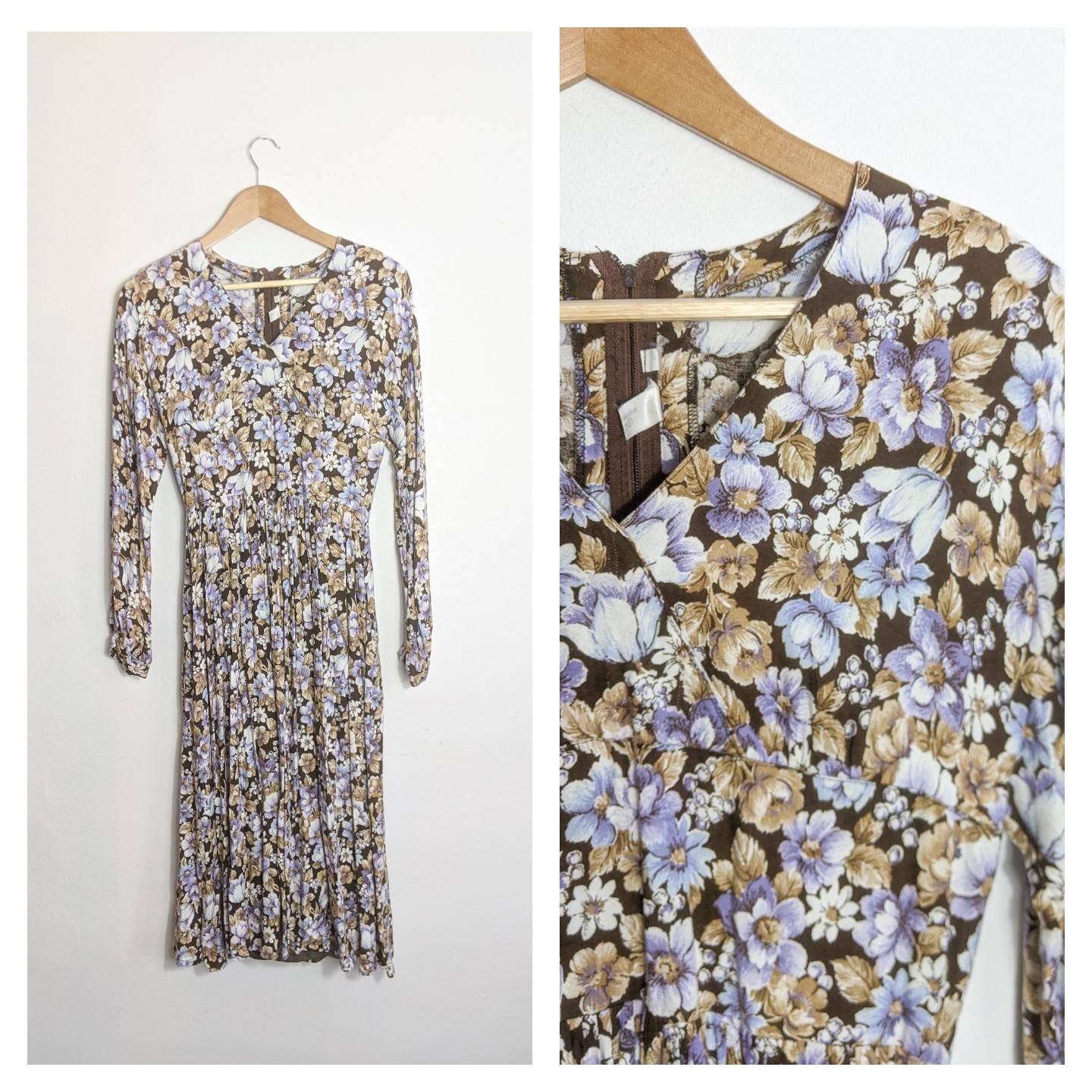 goldthriftvintage Vintage 70s Brown Floral Dress / Petite Fitted Midi Dress with Long Sleeves