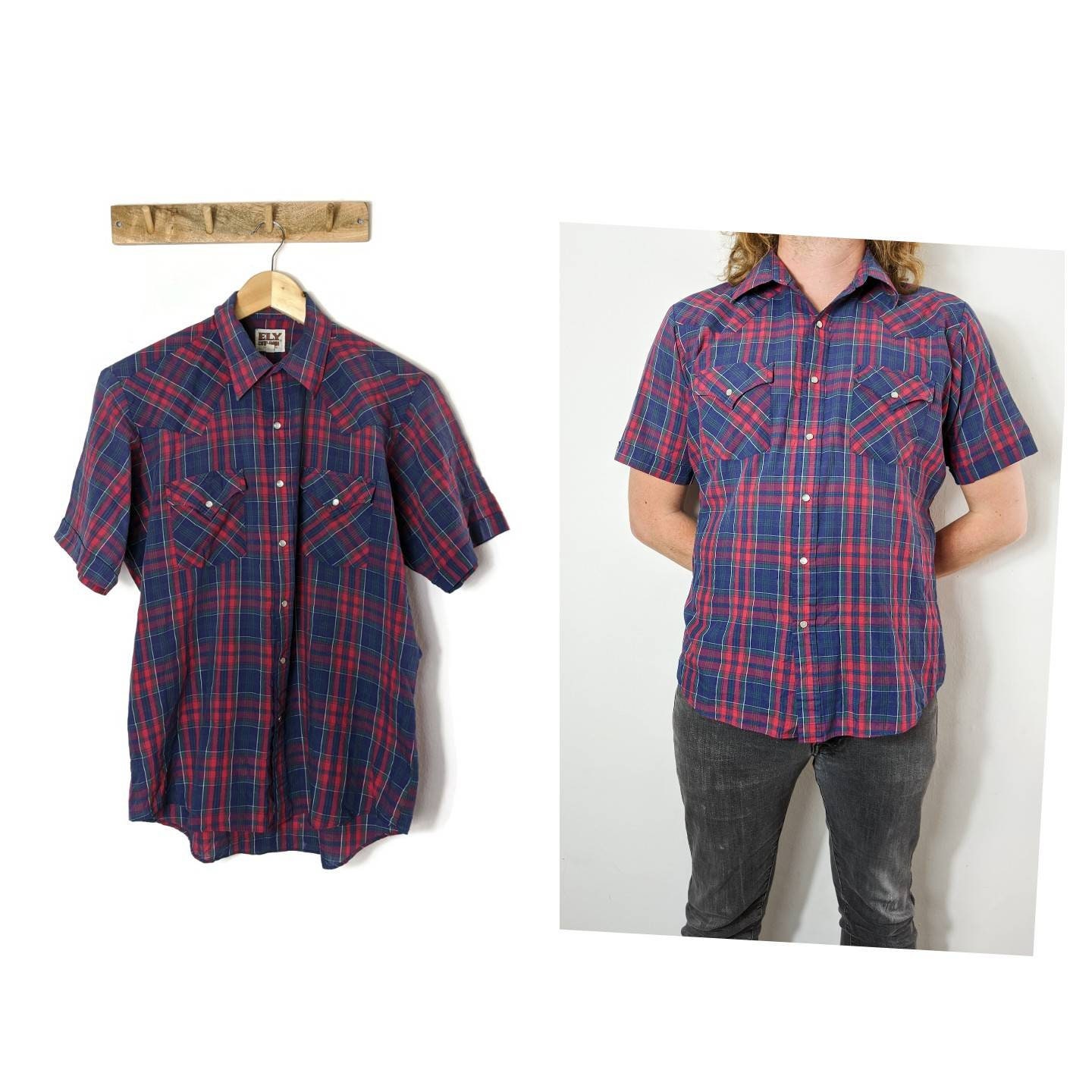 Image of Blue & Red Checked Western Mens Shirt/Short Sleeve Snap Buttons Medium