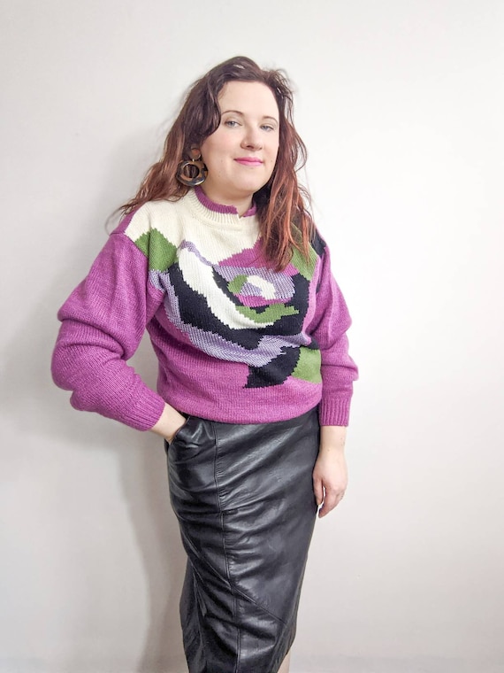 80s Pink Slouchy Floral Jumper with Mohair / viva… - image 1