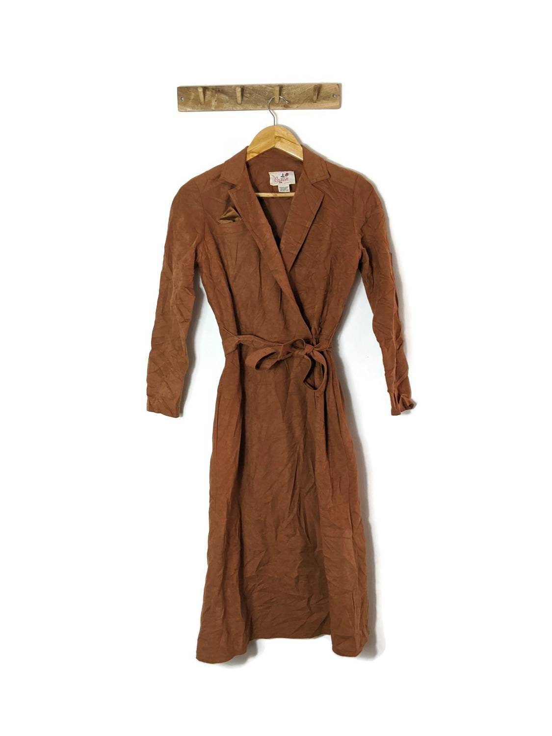 Image of Brown Faux Suede Wrap Dress/S Vintage Uk