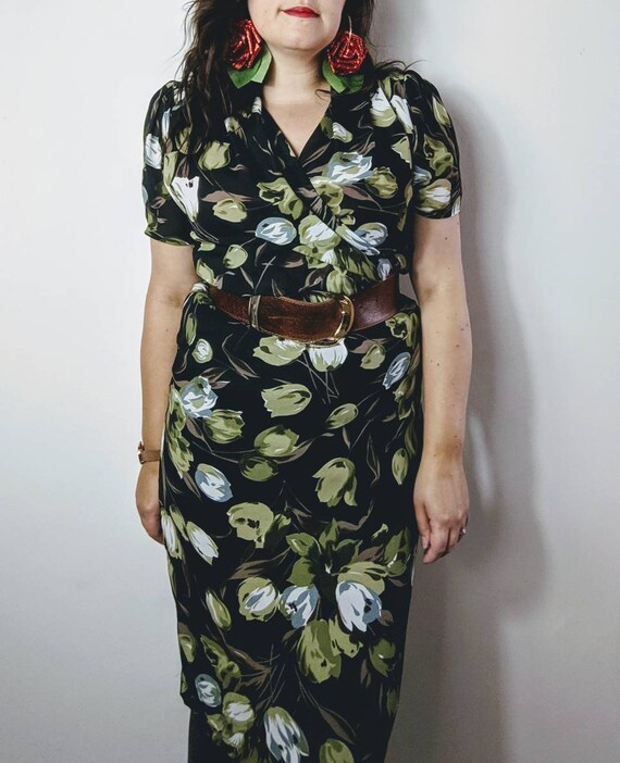 90s Does 40s Style Dress Black Floral Draped Tulip Dress Etsy