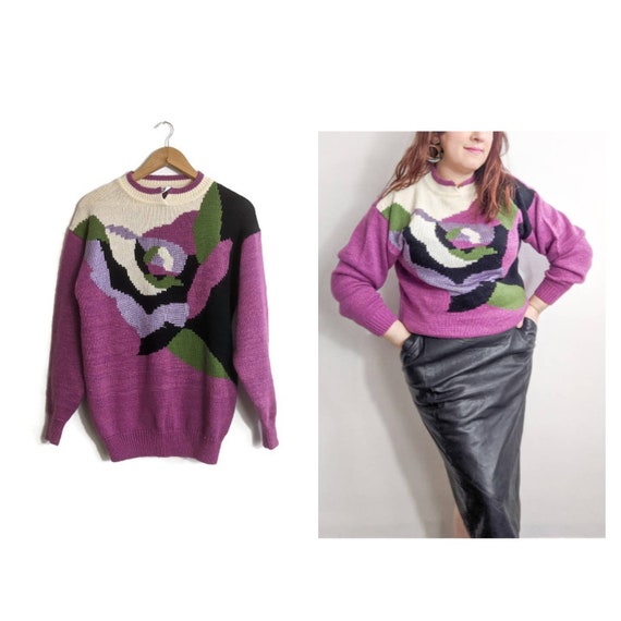 80s Pink Slouchy Floral Jumper with Mohair / viva… - image 3
