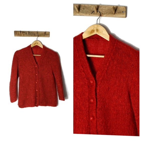 Vintage Red Mohair Cardigan Hand Knitted